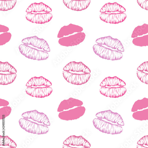 Seamless pattern with colorful lips imprints  isolated on white background.