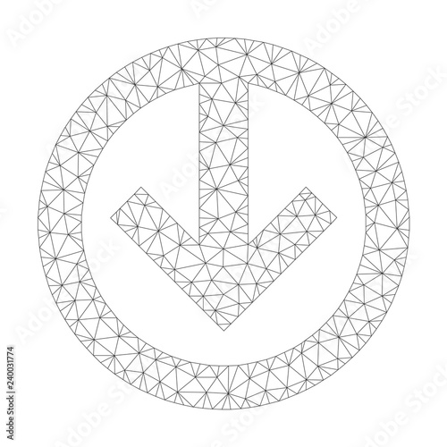 Polygonal vector direction down icon on a white background. Polygonal wireframe gray direction down image in low poly style with connected triangles, nodes and lines.