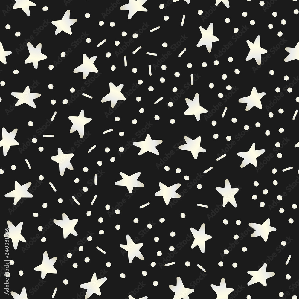 Starry night pattern. Backdrop with yellow gradient stars. Dark seamless background.