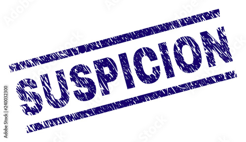 SUSPICION seal print with distress style. Blue vector rubber print of SUSPICION text with scratched texture. Text caption is placed between parallel lines.