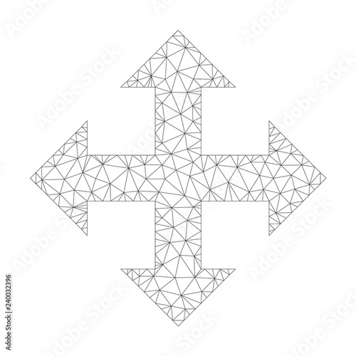 Polygonal vector expand arrows icon on a white background. Mesh wireframe dark gray expand arrows image in lowpoly style with combined triangles, dots and linear items.