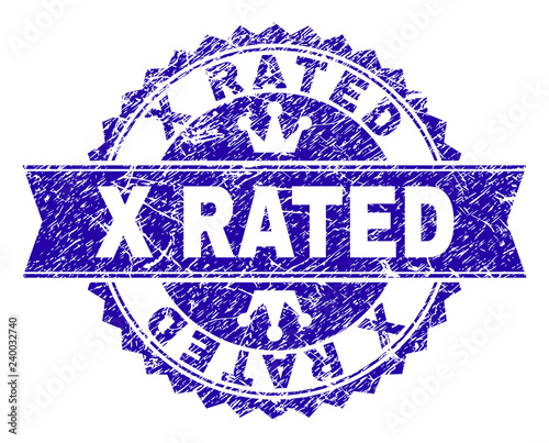 X RATED rosette seal watermark with distress style. Designed with round rosette, ribbon and small crowns. Blue vector rubber watermark of X RATED tag with grunge style.