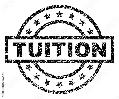 TUITION stamp seal watermark with distress style. Designed with rectangle, circles and stars. Black vector rubber print of TUITION text with unclean texture.