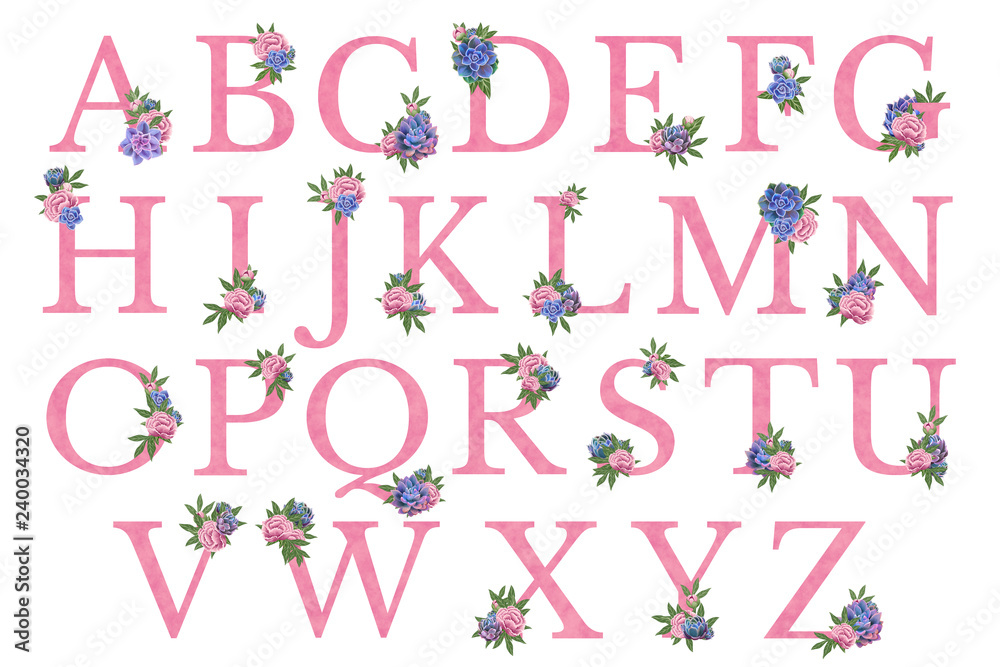 Obraz Bright roses and succulent alphabet. Isolated pink font on white background. Floral elements for greeting cards design, wedding, party, invitations, flyers. Scrapbooking graphics