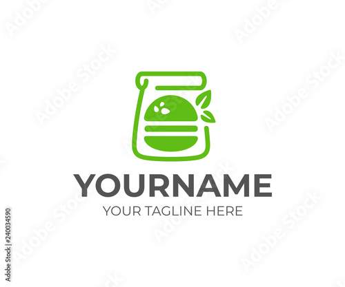 Vegetarian burger with eco friendly paper bag logo design. Veggie burger with green leaves vector design. Healthy food logotype