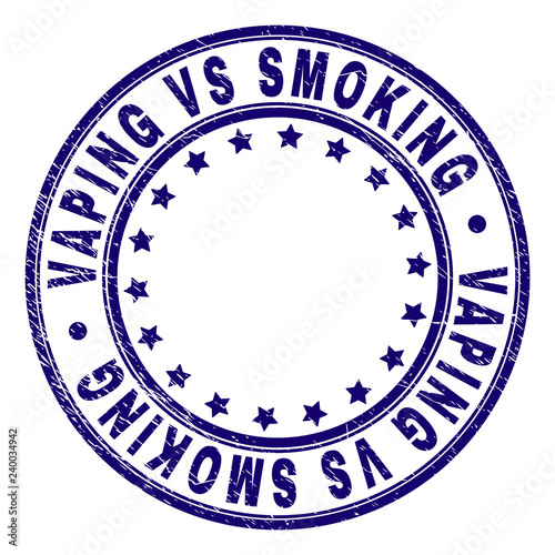 VAPING VS SMOKING stamp seal imprint with grunge texture. Designed with circles and stars. Blue vector rubber print of VAPING VS SMOKING caption with grunge texture.