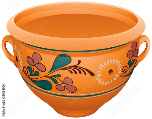 Makitra, traditional ceramic pottery in Ukraine, Belorussia, Russia and Poland, clay bowl for the milk, vareniki, pelmeni, pierogi, smetana, cottage cheese  realistic vector illustration