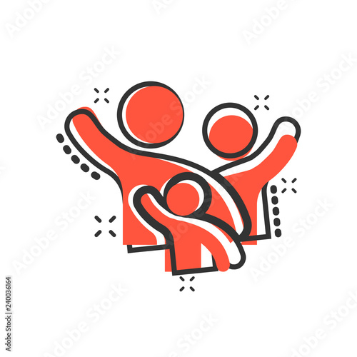 Family greeting with hand up icon in comic style. Person gesture vector cartoon illustration pictogram. People leader business concept splash effect.