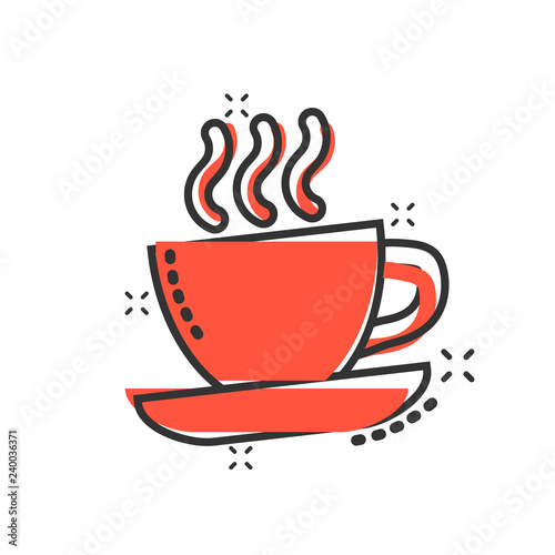 Coffee, tea cup icon in comic style. Coffee mug vector cartoon illustration pictogram. Drink business concept splash effect.