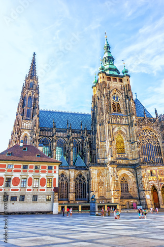 Gothic St. Vitus Cathedral in Prague Castle and a square in fron