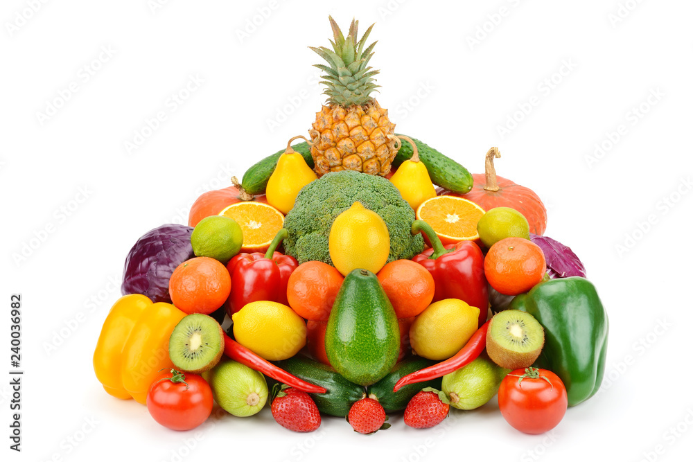 Fruits and vegetables isolated on a white background.