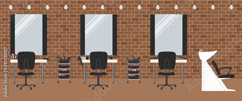 Hair salon with a brick wall. Beauty salon. There are tables, chairs, a bath for washing the hair, mirrors, hair dryer and lamps in the image. Vector illustration