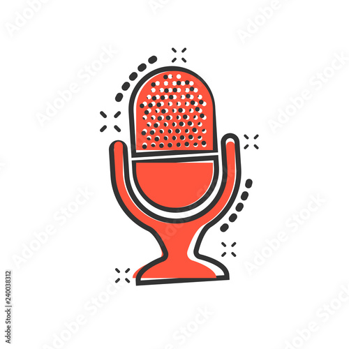 Microphone icon in comic style. Mic broadcast vector cartoon illustration pictogram. Microphone mike speech business concept splash effect.