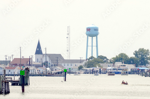 Tangier Island skyline - Methodist church, communications antennas, and water tower
