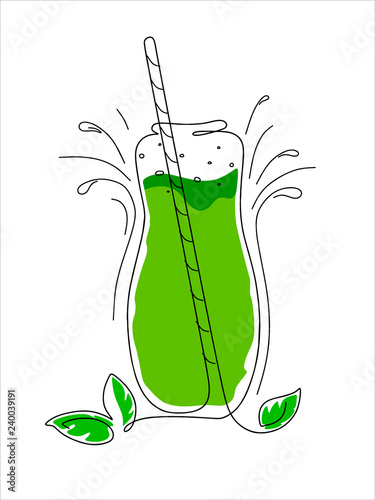 Bottle with leaves and tubule with a smoothie or detox. Doodle illustration