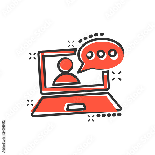 Online training process icon in comic style. Webinar seminar vector cartoon illustration pictogram. E-learning business concept splash effect.