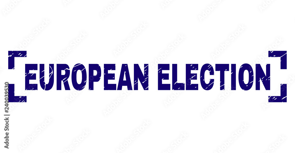 EUROPEAN ELECTION title seal print with corroded texture. Text label is placed between corners. Blue vector rubber print of EUROPEAN ELECTION with corroded texture.