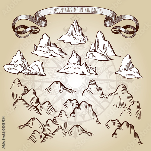 Example design elements to make your own fantasy or treasure maps. Includes mountains,compass, banner. Imitation of medieval drawings. Hand drawn sketch vector