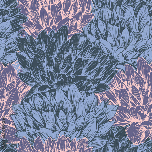 Peony hand drawn seamless pattern. Floral ink pen color texture. Sketch flowers color illustration. Chrysanthemums vintage freehand drawing. Sketched wrapping paper, textile, background vector fill