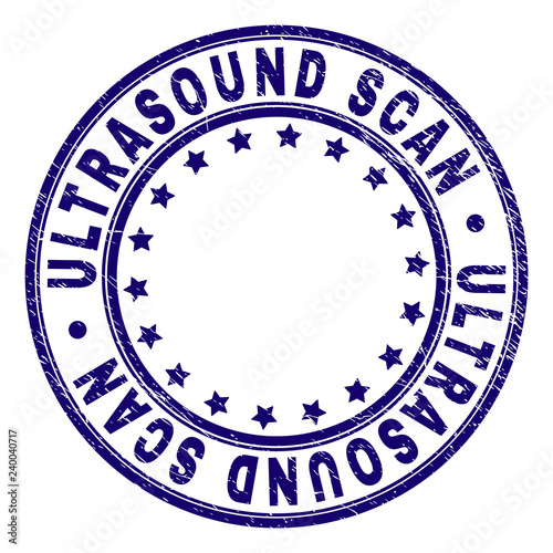ULTRASOUND SCAN stamp seal watermark with grunge texture. Designed with circles and stars. Blue vector rubber print of ULTRASOUND SCAN title with grunge texture.