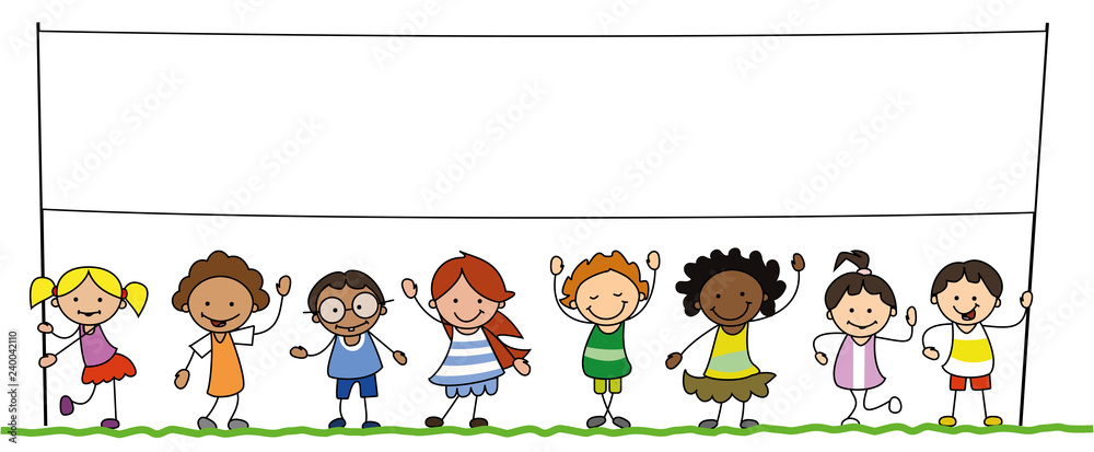 multiethnic group of kids holding blank banner illustration Stock ...