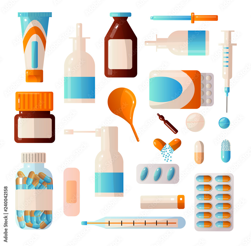 Medical sets of drugs that contain various pills, potions, drops, ampoules, bandages, syringes and others. Medical sets of drugs that contain various pills, potions, drops, ampoules, bandages, syringes and others.