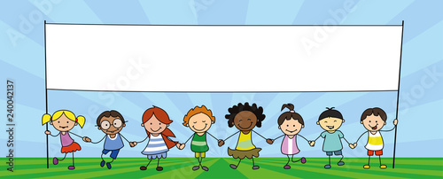 group of children holding banner, kids holding hands illustration -