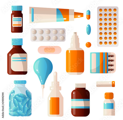 Medical sets of drugs that contain various pills, potions, drops, ampoules, bandages, syringes and others.