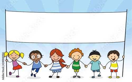 kids holding white banner with copy space - illustration