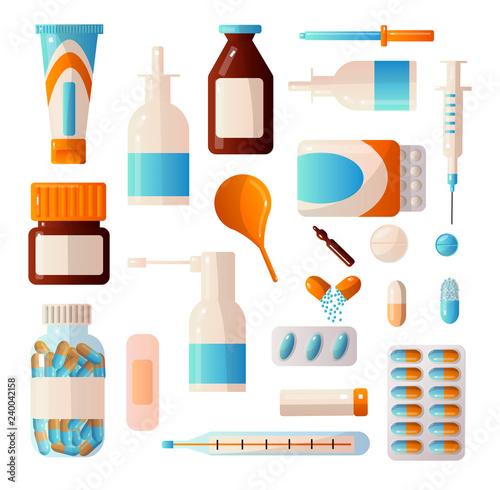 Medical sets of drugs that contain various pills, potions, drops, ampoules, bandages, syringes and others.