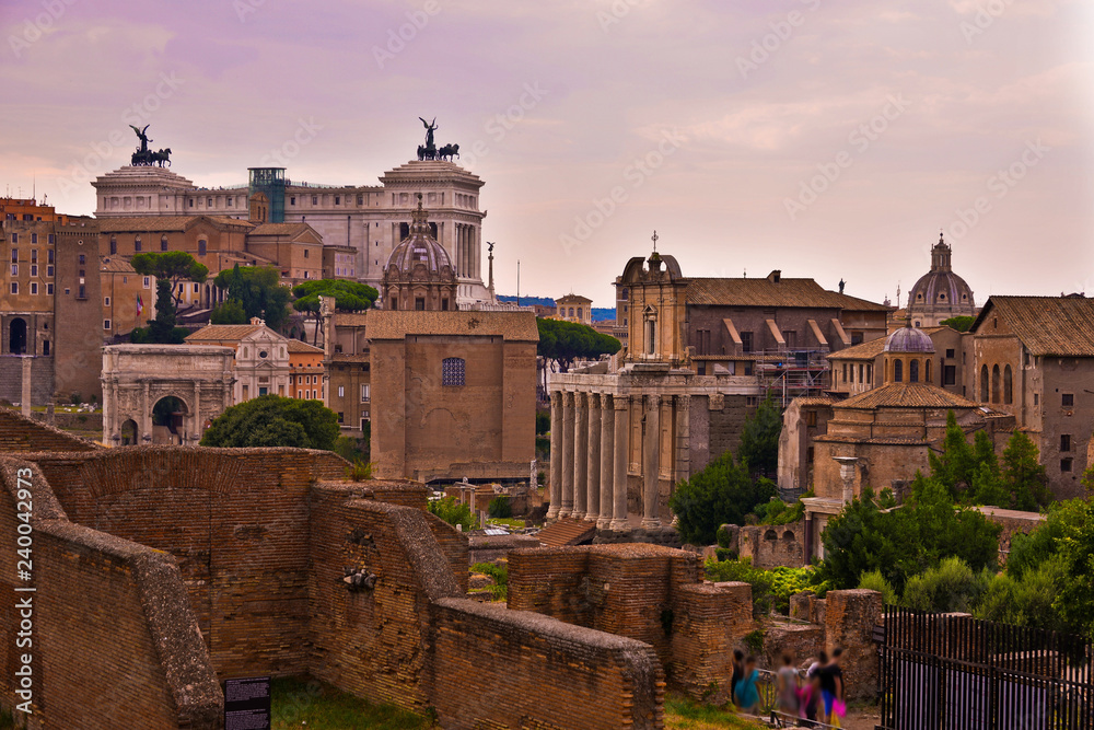 This is a view of famous ancient market of Rome called Forum Romanum. August 5, 2018. Rome, Italy.