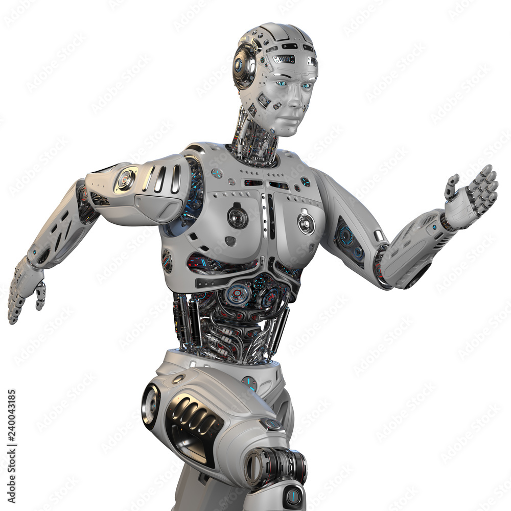 Humanoid robot or futuristic cyborg running on white background. 3D illustration