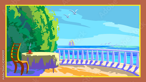 Marine landscape wich cafeteria on quay besaid blue sea in sunny summer morning