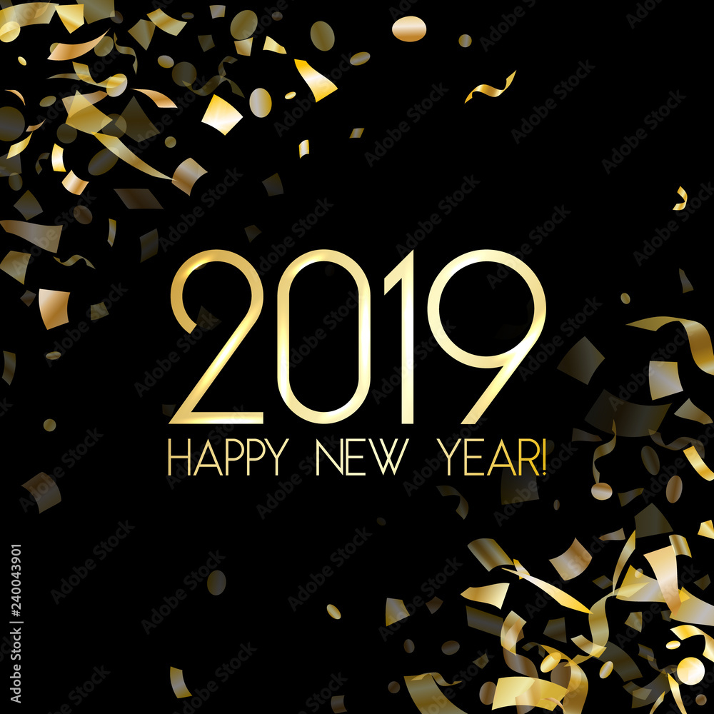 2019 Happy New Year card with gold confetti. - obrazy, fototapety, plakaty 