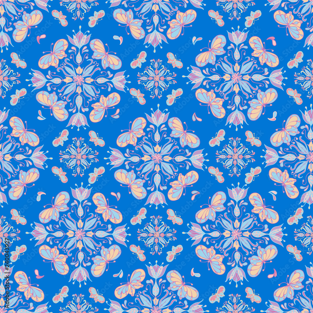Colorful Butterfly Mandala Pattern on a Blue Tile