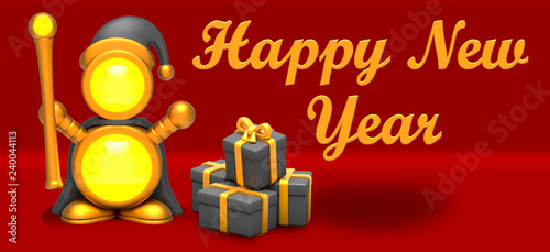 Schilderij op canvas New Year Christmas stylised golden charecter full lampon red background , gifts