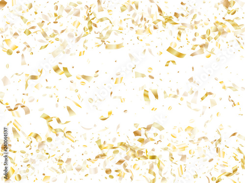 Cuadro en lienzo Holiday realistic gold confetti flying on black background.