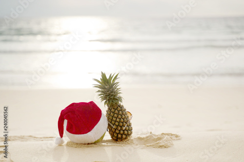 Concept Christmas on the beach with sun shining,prayed for blessings,natural, creative, tropical style background made in Phuket, Thailand.