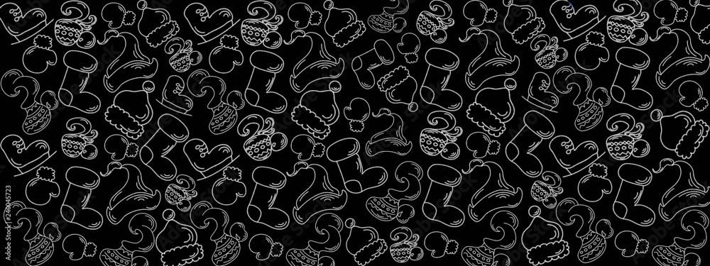 Winter holidays mood pattern and banner, skates, boots, coffee, hats and other winter stuff for skating, illustration for cold time open air activity with space for text or design