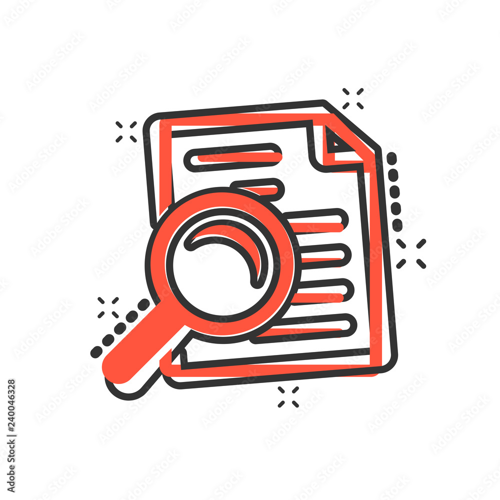 Scrutiny document plan icon in comic style. Review statement vector cartoon illustration pictogram. Document with magnifier loupe business concept splash effect. Scrutiny document plan icon in comic style. Review statement vector cartoon illustration pictogram. Document with magnifier loupe business concept splash effect.