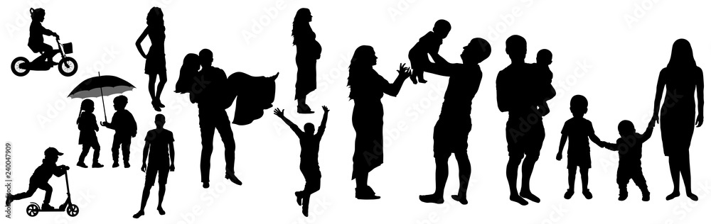 Lifetime of man and woman with childhood to adult (family life) silhouette, vector illustration.Childhood, appointment, then wedding day,  then pregnancy, then children and happy large family
