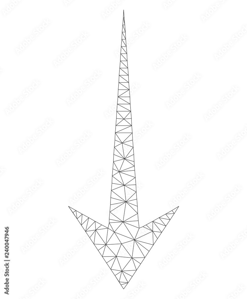 Polygonal vector arrow down icon on a white background. Mesh wireframe grey arrow down image in low poly style with combined triangles, dots and linear items.