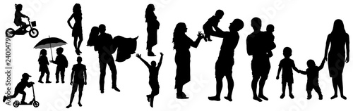 Lifetime of man and woman with childhood to adult  family life  silhouette  vector illustration.Childhood  appointment  then wedding day   then pregnancy  then children and happy large family