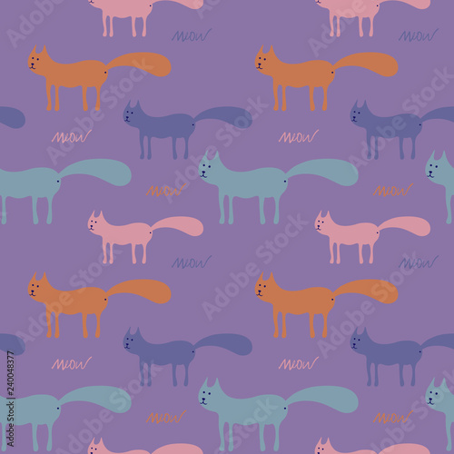 Vector seamless pattern with cute cats in soft colors on a purple  background, great for polygraphy or textile design.Flat,hand drawn