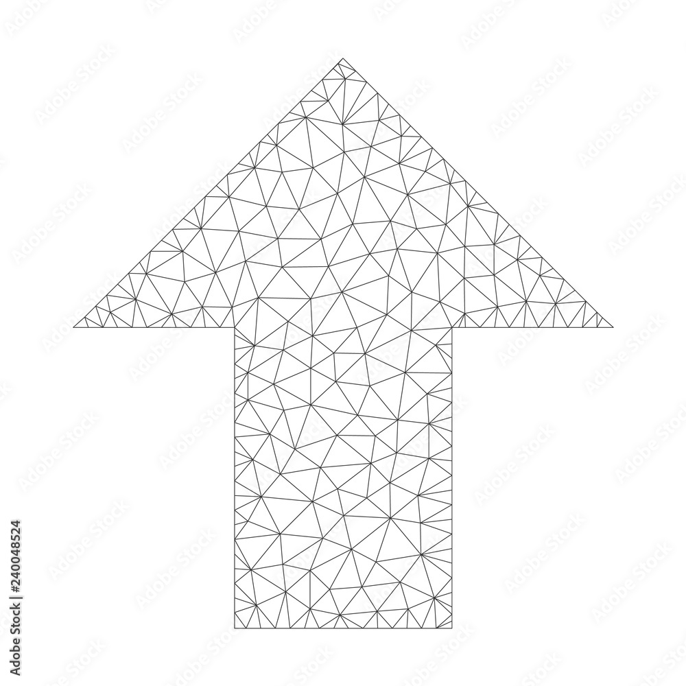 Mesh vector arrow up icon on a white background. Mesh carcass grey arrow up image in lowpoly style with organized triangles, nodes and lines.