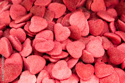 Gummy Red And Pink Sugar Candies In Heart Shape. Background Or Texture Top View Jelly Red Sweets. Concept Of Sweet Saint Valentines Day. Be My Valentine.