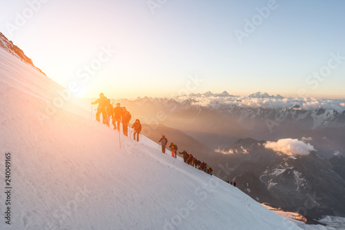 Elbrus, a group of climbers at dawn at an altitude of 5200m