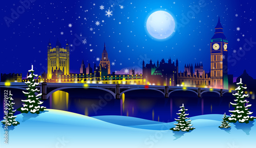 vector sunset and silhouette of London at night with stars and moon on the winter snowy background. London City Skyline. Image for banner or web site.
