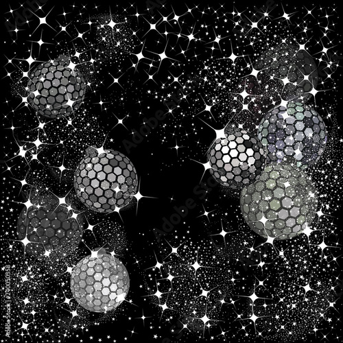 Hexagon silver and black disco balls with stars and sparkles on a black background for the Christmas and New Year season of 2019