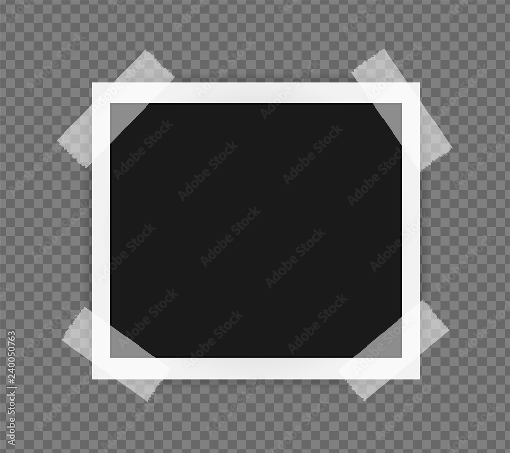 Square frame template on sticky tape with shadows isolated on transparent background. Vector illustration